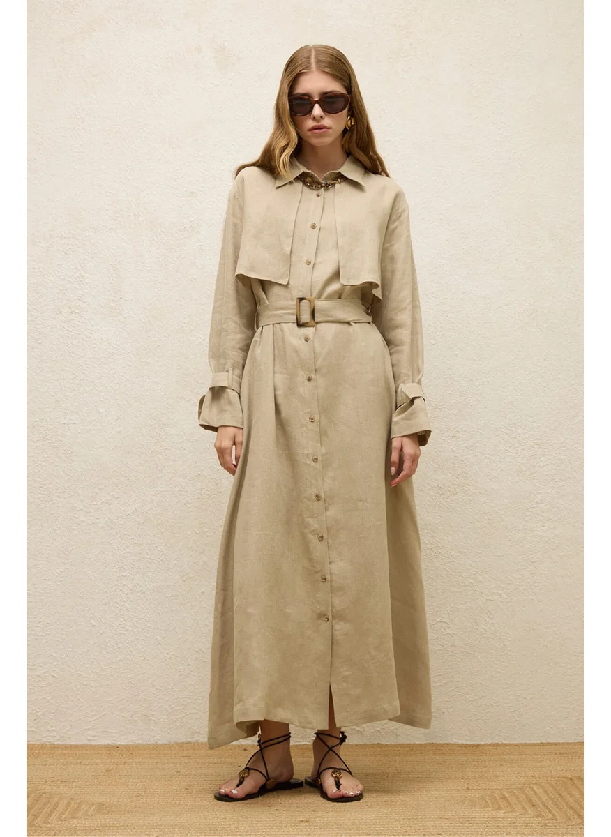 مانوكا Linen Trench Style Dress Sand