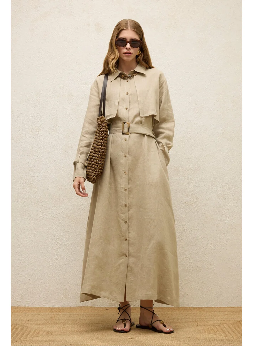 مانوكا Linen Trench Style Dress Sand