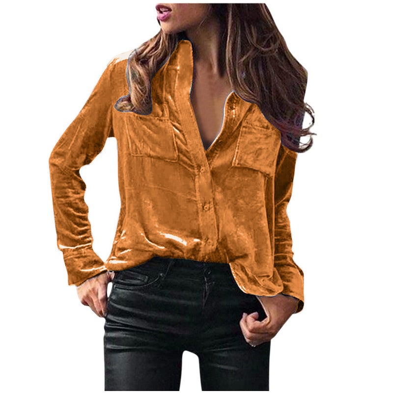 in stock Europe and the United States cross-border Amazon pocket shirt blouse solid color temperament long sleeve single breasted shirt women BRIGHT BROWN