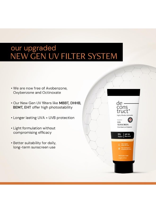 Deconstruct 5% Vitamin C Gel Sunscreen for Oily Skin SPF 50 PA++++ | Brightens Skin Tone | New Gen UV Filters | Lightweight & Non-greasy | In vivo tested | For Men & Women - 50g - Image 4