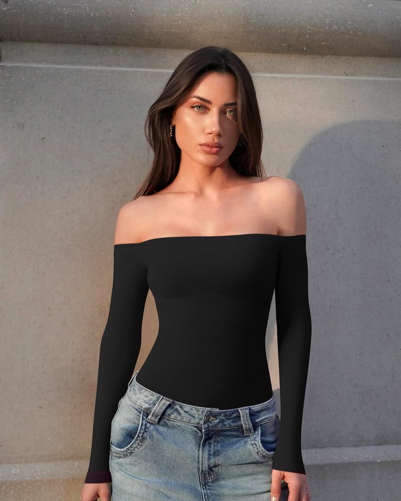 OQQ Bodysuits Womens Off-Shoulder Long Sleeve Seamless Shapewear Tops Black - Image 2