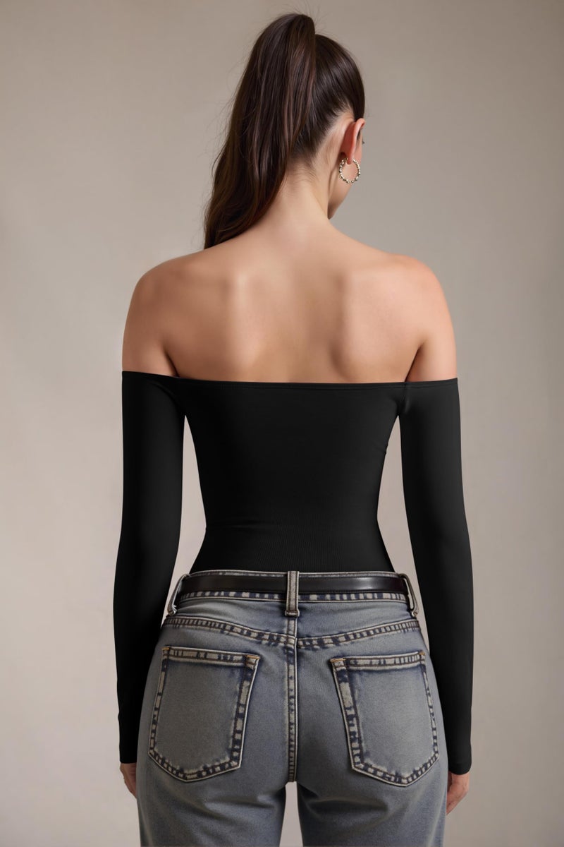 OQQ Bodysuits Womens Off-Shoulder Long Sleeve Seamless Shapewear Tops Black - Image 4