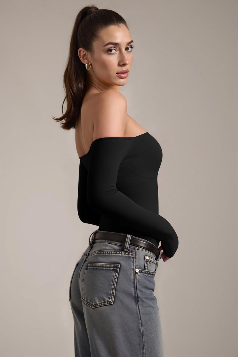 OQQ Bodysuits Womens Off-Shoulder Long Sleeve Seamless Shapewear Tops Black - Image 3