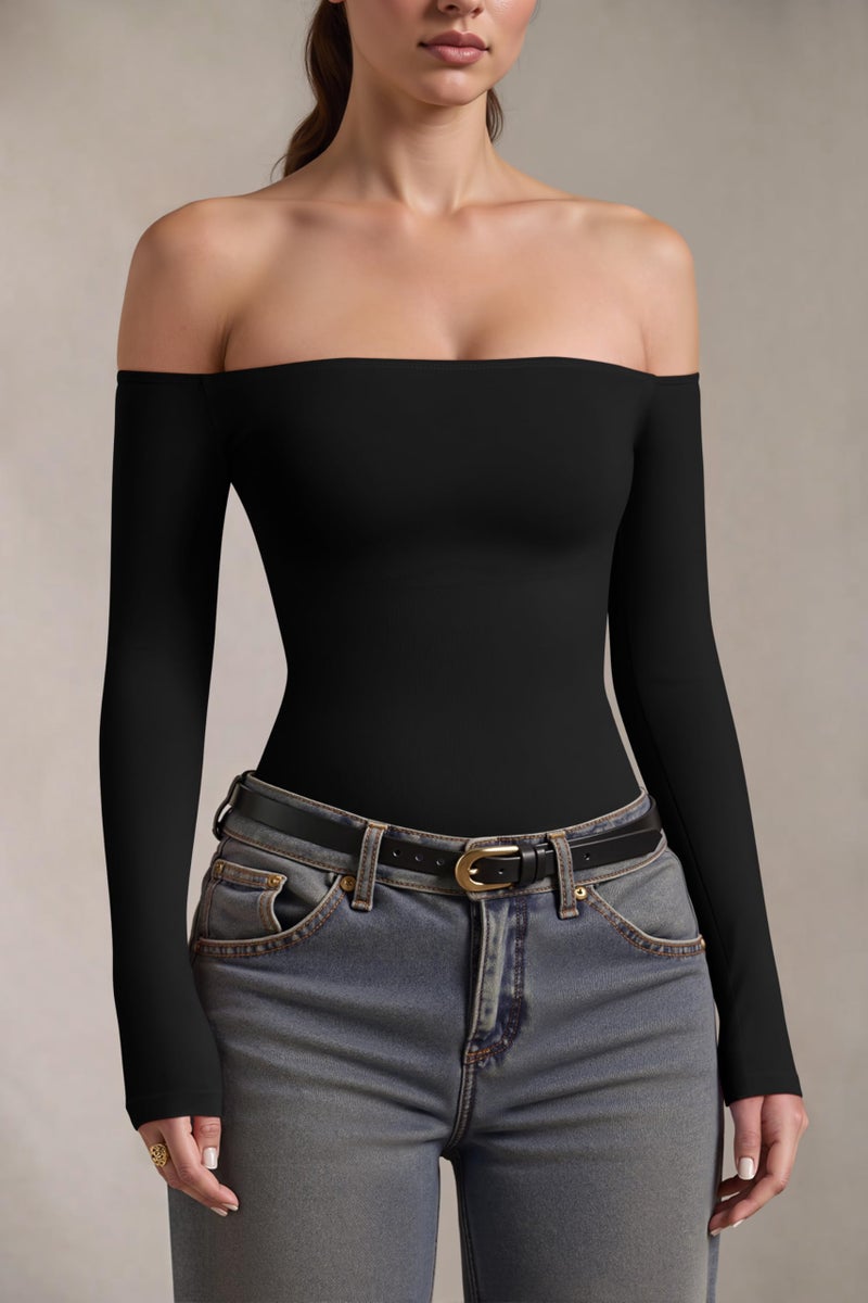 OQQ Bodysuits Womens Off-Shoulder Long Sleeve Seamless Shapewear Tops Black - Image 5