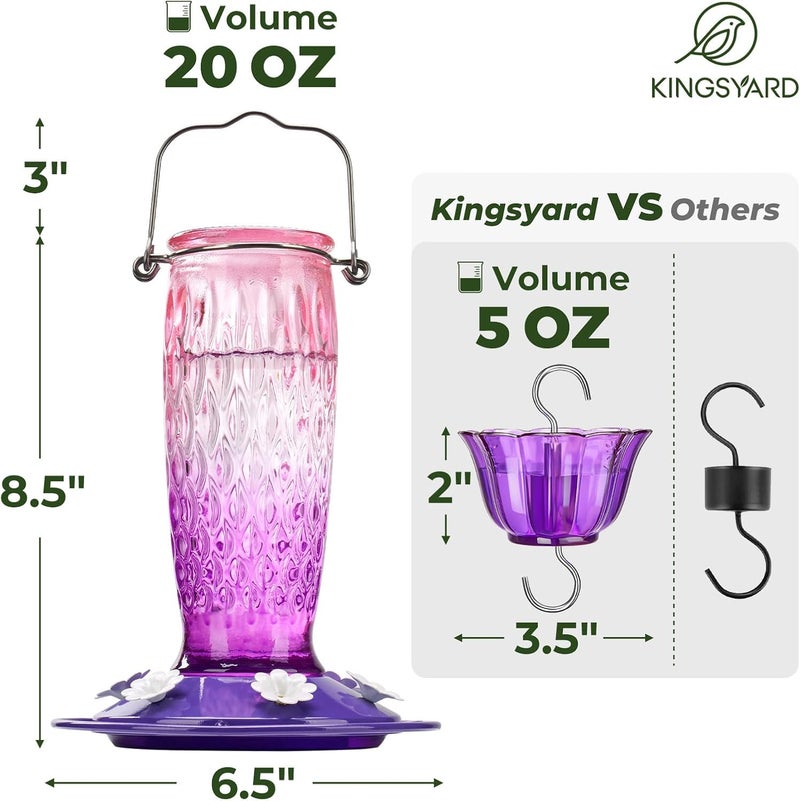 Kingsyard Glass Hummingbird Feeder for Outdoors, Hanging Wild Bird Feeder with 6 Feeding Ports, 24 oz Nectar Cpacity, Leak-Proof, Easy to Refill & Clean, Pink & Purple (Ant Moat Included) - Image 5