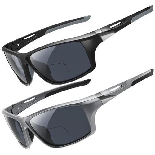 DEHOTRE 2 Pack Bifocal Reading Sunglasses Men Wrap Around Sports Sun Readers Outdoor Clear Top Soft Nose Pads PC Frame UV400 Black & Grey 2.00 - Image 1