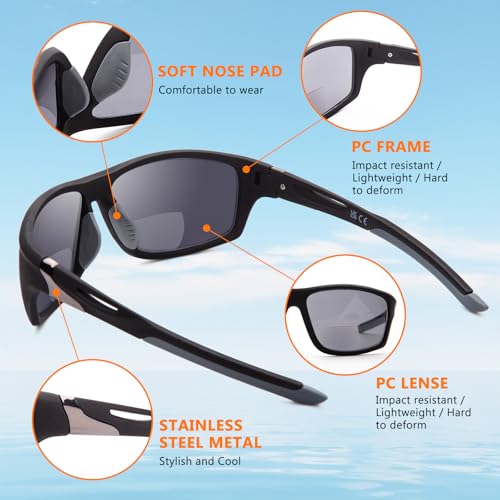 DEHOTRE 2 Pack Bifocal Reading Sunglasses Men Wrap Around Sports Sun Readers Outdoor Clear Top Soft Nose Pads PC Frame UV400 Black & Grey 2.00 - Image 3