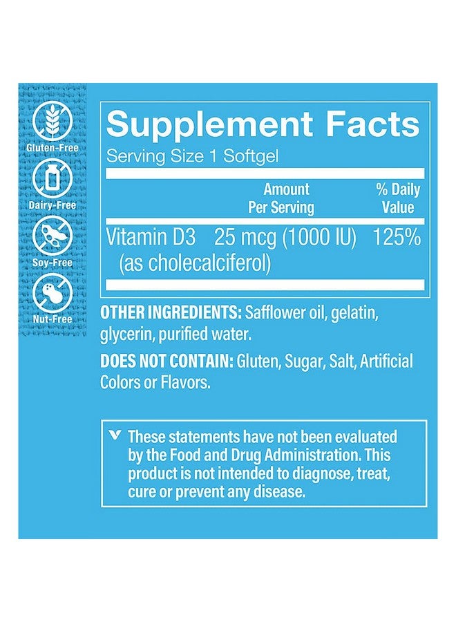 The Vitamin Shoppe Vitamin D3 1000IU Softgel, Supports Bone & Immune Health, Aids in Cellular Growth & Calcium Absorption, Gluten Free & Once Daily Formula (100 Softgels) by The Vitamin Shoppe - Image 3