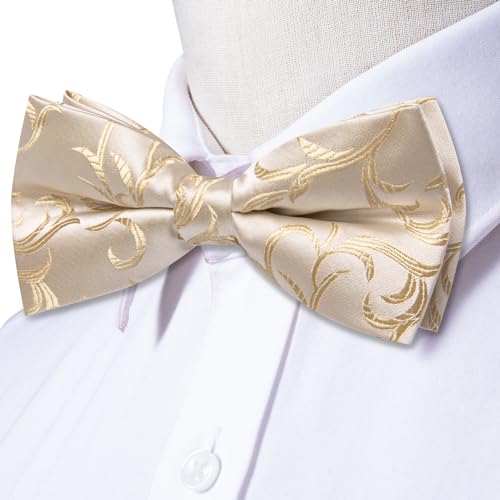 Dubulle Beige Champagne Bowtie for Men Paisley Floral Mens Pretied Bowtie Lapel Pin Set Pocket Square Cufflinks Wedding - Image 4