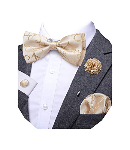 Dubulle Beige Champagne Bowtie for Men Paisley Floral Mens Pretied Bowtie Lapel Pin Set Pocket Square Cufflinks Wedding - Image 1