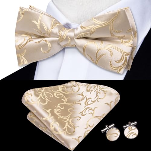 Dubulle Beige Champagne Bowtie for Men Paisley Floral Mens Pretied Bowtie Lapel Pin Set Pocket Square Cufflinks Wedding - Image 2