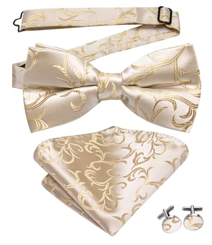 Dubulle Beige Champagne Bowtie for Men Paisley Floral Mens Pretied Bowtie Lapel Pin Set Pocket Square Cufflinks Wedding - Image 5