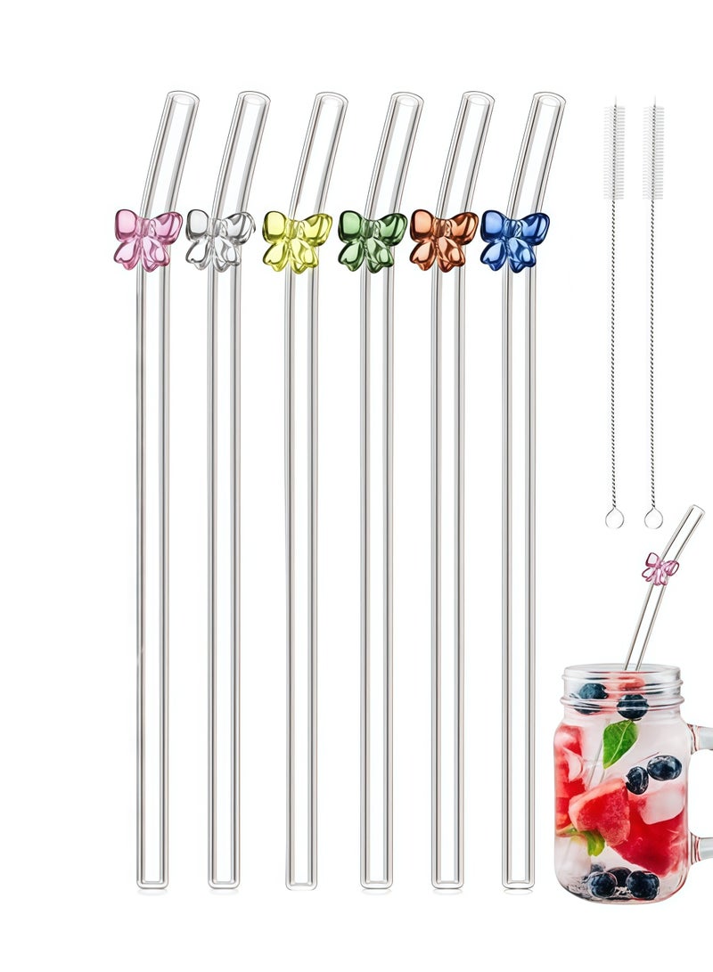 6 قطع من مصاصات الزجاج القابلة لإعادة الاستخدام بتصميم لطيف، 8 مم × 7.9 بوصة مقاومة للكسر على شكل فراشة، مصاصة زجاجية شفافة منحنية مع فرشاة تنظيف لحفلات المشروبات والميلك شيك والعصائر (ألوان مختلطة) - Image 1