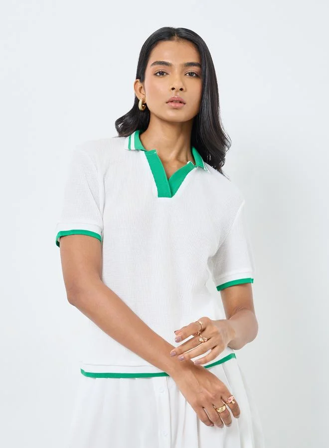 Take Two Take Two Women White Polo Top with Green Trim