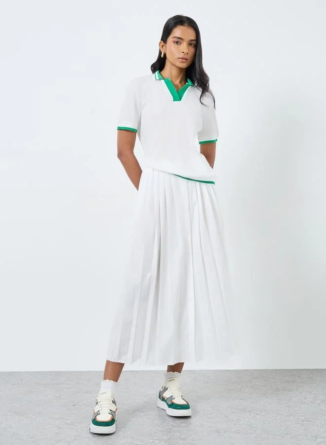 Take Two Take Two Women White Polo Top with Green Trim
