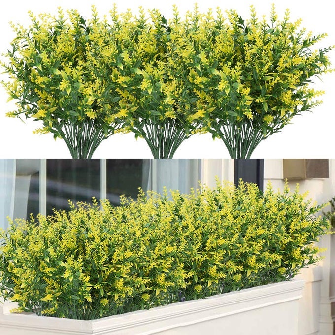8 Bundles Outdoor Artificial Lavender Fake Flowers UV Resistant Shrubs Faux Plastic Greenery for Indoor Outside Hanging Plants Garden Porch Window Box Home Wedding Farmhouse Decor Yellow