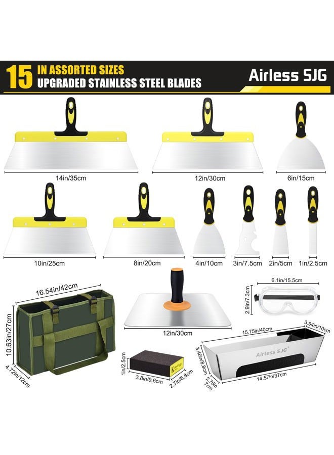 Airless SJG 15-Piece Professional Drywall Tool Kit - 14PCS Stainless Steel Drywall Knife Set with 12" Aluminum Hawk, 14" Mud Pan, Oxford Carry Bag & Sanding Block, Complete Spackle Tools for Home & Contractor - Image 2