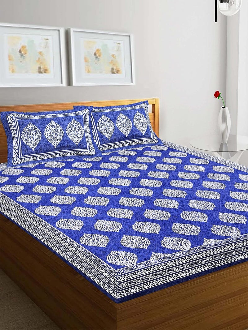RajasthaniKart Pure 100 Cotton Double Bed Sheet with 2 Pillow Covers Bedsheet for Double Bed Cotton Blue 90x94 inches - Image 2