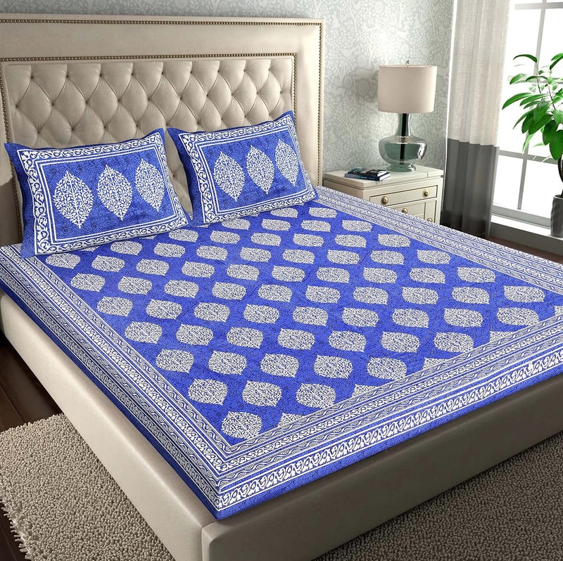 RajasthaniKart Pure 100 Cotton Double Bed Sheet with 2 Pillow Covers Bedsheet for Double Bed Cotton Blue 90x94 inches - Image 1