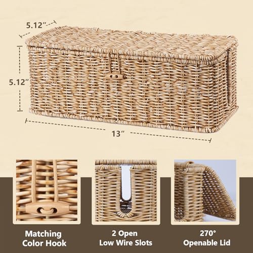 BROWNLILY Cable Management Box Rattan Style Cord Organizer for Desk Cord Hider Outlet Covers Baby Proofing for Power Strip TV PC Router Charger Under Desk Storage Natural Small - Image 3