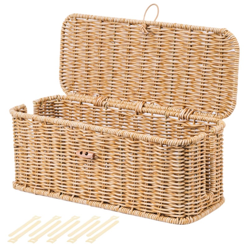 BROWNLILY Cable Management Box Rattan Style Cord Organizer for Desk Cord Hider Outlet Covers Baby Proofing for Power Strip TV PC Router Charger Under Desk Storage Natural Small - Image 2