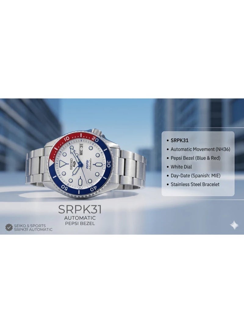 Seiko 5 بيبس الأبيض بقرص فضي - ساعة أوتوماتيكية للرجال - Image 5
