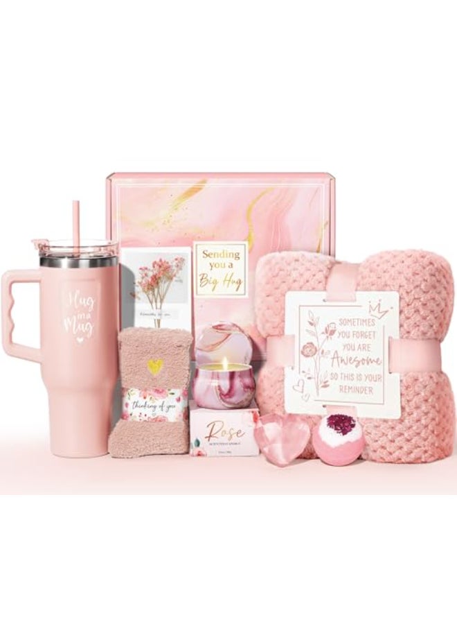 Qinline Birthday Gifts for Women Self Care Get Well Soon Gifts Rose Relaxing Spa Kit Bath Gift Basket Care Package w Flannel Blanket 40 OZ Tumbler Valentines Day Gift for Her Wife Mom Girlfriend Sister - Image 1