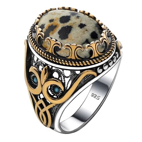 Alpha Rock Natural Dalmatian Jasper Stone, Genuine Solid 925 Sterling Silver Accented with Bronze, Authentic Vintage Turkish Ottoman Style Ring for Men (Natural Dalmatian Jasper, 6) - Image 1