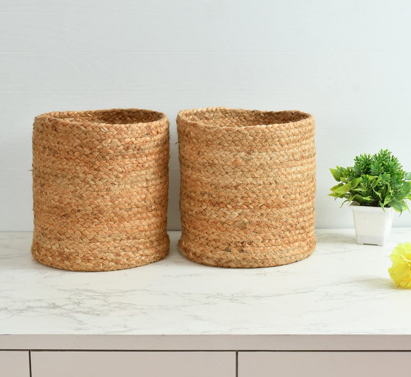 LaVichitra Braided Jute Baskets | Storage Bins Organizer | Laundry, Toys & Planter Basket- Set of 2 (10 Inch) - Image 1