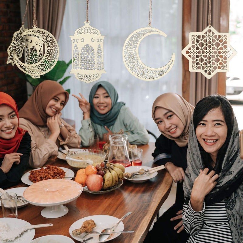 Maitys 2 Sets 6 Pieces Wooden Pendant Kareem Moon Star Wind Light Shape Ornament for Ramadan Mubarak Eid Decorations - Image 3