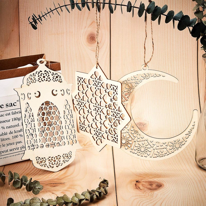 Maitys 2 Sets 6 Pieces Wooden Pendant Kareem Moon Star Wind Light Shape Ornament for Ramadan Mubarak Eid Decorations - Image 4