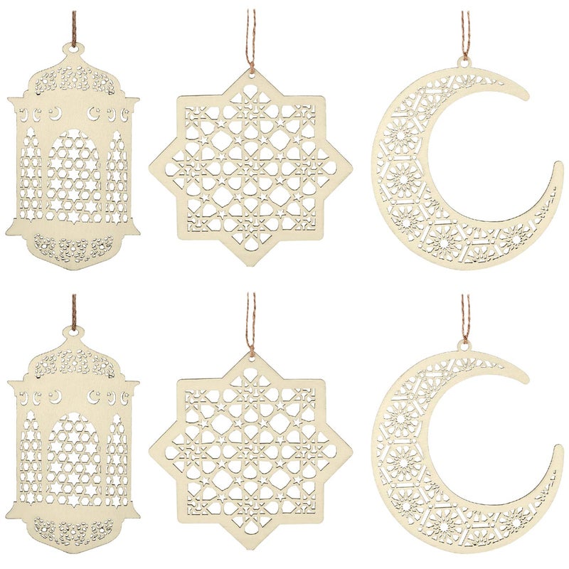 Maitys 2 Sets 6 Pieces Wooden Pendant Kareem Moon Star Wind Light Shape Ornament for Ramadan Mubarak Eid Decorations - Image 1