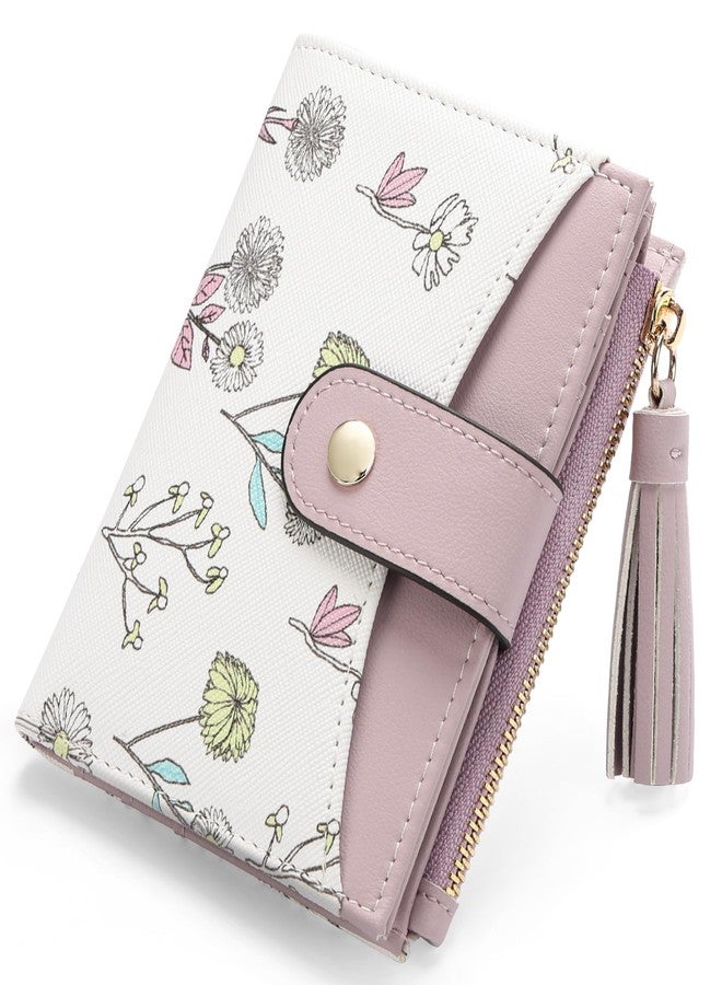 yiijay Small Wallet for Women RFID Blocking Tassle Bifold Slim Thin Leather Wallet Credit Card Holder Wallet Ladies Mini Wallet with Zipper Pocket, 1Flora Purple, Small Compact Wallet for Women - Image 1