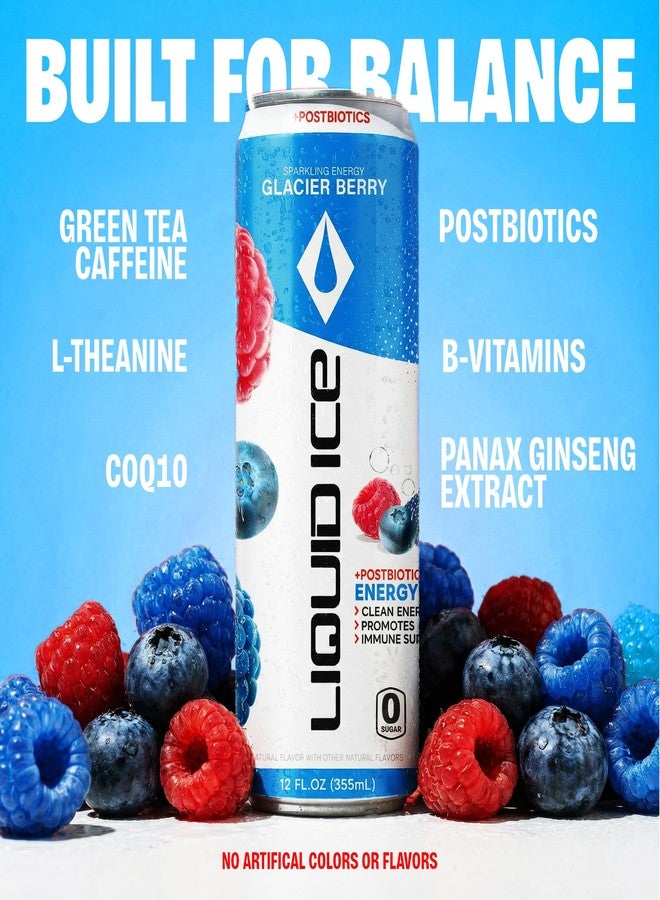 Liquid Ice Energy Drink - Zero Sugar, With Postbiotics For Gut-Health, Natural Caffeine, 120mg Caffeine, L- Theanine, Antioxidant Support, Clean Focused Energy with Green Tea Extract, COQ10, Glacier Berry 12 Fl Oz (Pack of 12) - Image 4