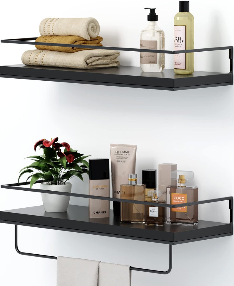 SHARIO Black Wood Floating Shelves  Set of 2 Wall Mounted Hanging Shelves with Black Towel Rack Decorative Storage Shelves for Bathroom Kitchen Living Room  Bedroom