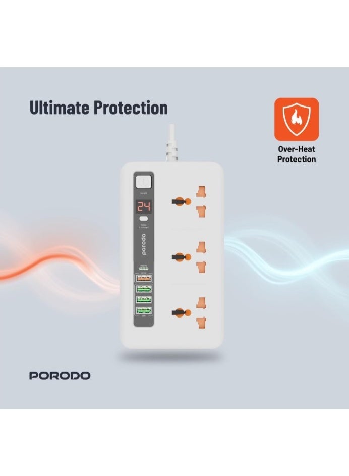 porodo PORODO Multi-Port Power HUB with Power Button & Timer, Over-Heat Protection, 4 USB-A, 1 USB-C, 2m Power Cord - White  - Image 2
