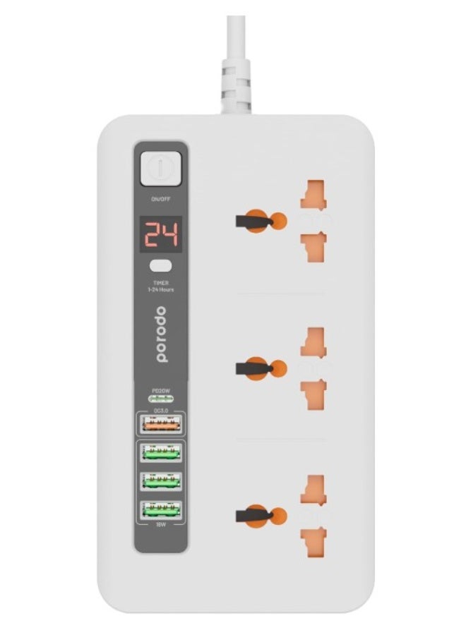 porodo PORODO Multi-Port Power HUB with Power Button & Timer, Over-Heat Protection, 4 USB-A, 1 USB-C, 2m Power Cord - White  - Image 4
