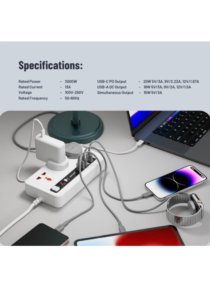 porodo PORODO Multi-Port Power HUB with Power Button & Timer, Over-Heat Protection, 4 USB-A, 1 USB-C, 2m Power Cord - White  - Image 3