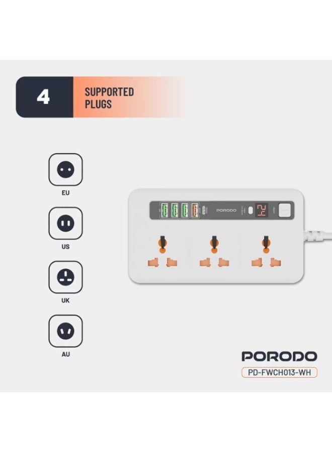 porodo PORODO Multi-Port Power HUB with Power Button & Timer, Over-Heat Protection, 4 USB-A, 1 USB-C, 2m Power Cord - White  - Image 5