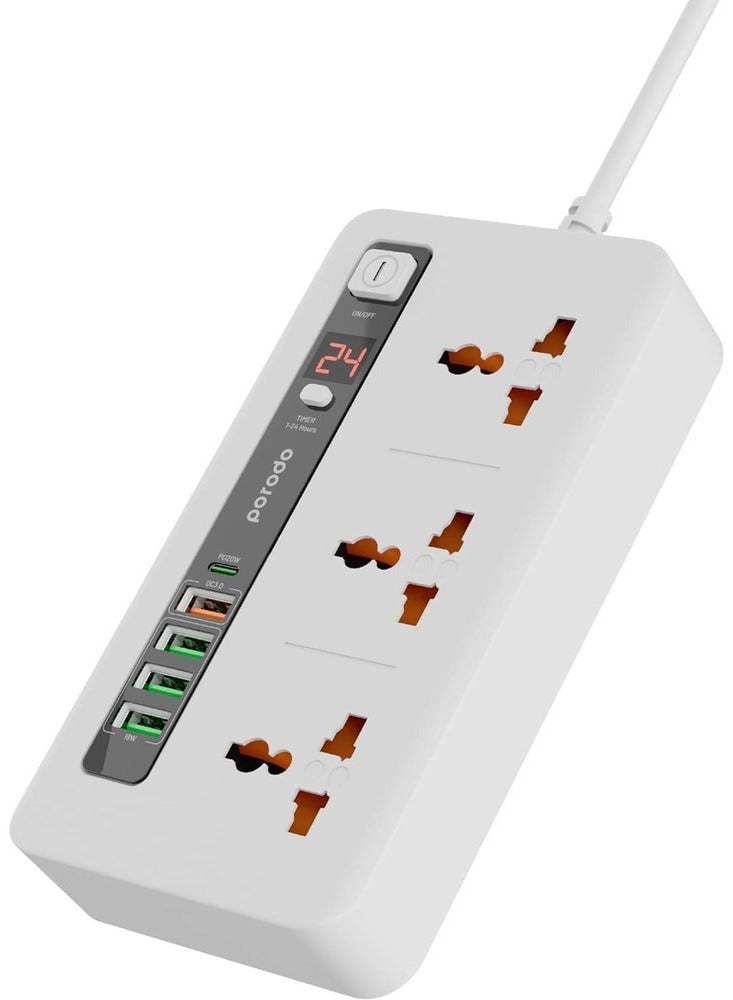 porodo PORODO Multi-Port Power HUB with Power Button & Timer, Over-Heat Protection, 4 USB-A, 1 USB-C, 2m Power Cord - White  - Image 1