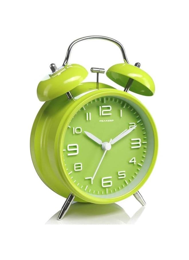 HOOKOR Super Silent Non Ticking Small Clock with Night Light, Battery Operated, Simple Design, Twin Bell Loud Alarm, Old Fashioned, for Heavy Sleeper, Bedroom, Bedside, Desk (Green)  - Image 1