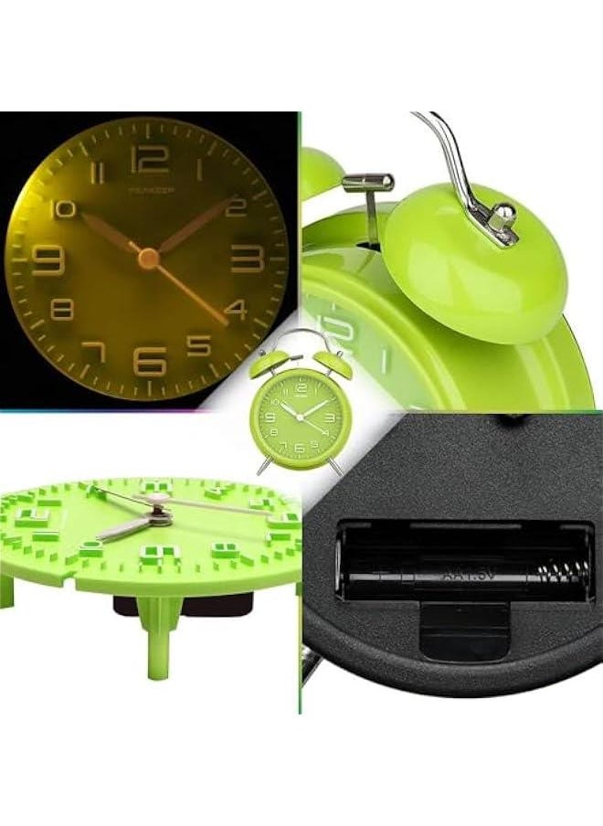 HOOKOR Super Silent Non Ticking Small Clock with Night Light, Battery Operated, Simple Design, Twin Bell Loud Alarm, Old Fashioned, for Heavy Sleeper, Bedroom, Bedside, Desk (Green)  - Image 4