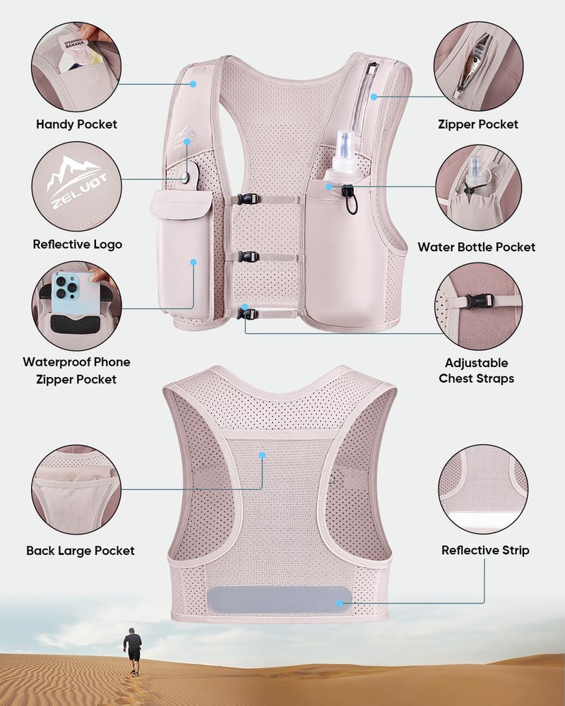 Zelvot Running Vest for Women Men, USA Original Patent, Adjustable Chest Straps Running Hydration Vest with 500ml Soft Flask, Breathable Reflective Hydration Backpack for Hiking (Pink, M/L) - Image 5