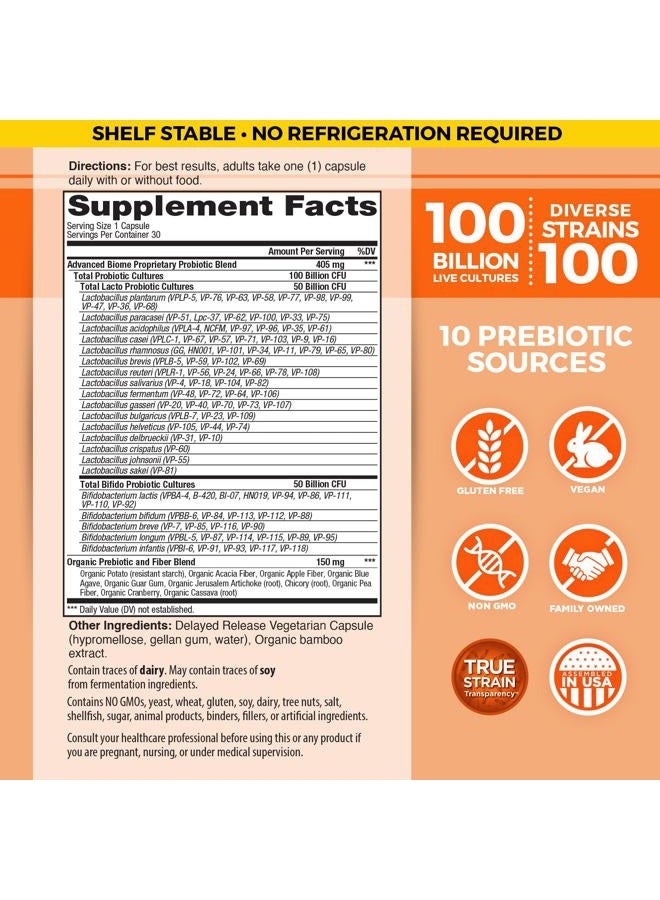 Vital Planet Vital Flora Advanced Probiotic 100 Billion CFU, 100 Diverse Strains, 10 Organic Prebiotics, Immune Support, Digestive Health Shelf Stable Probiotics for Women and Men 30 Capsules - Image 2