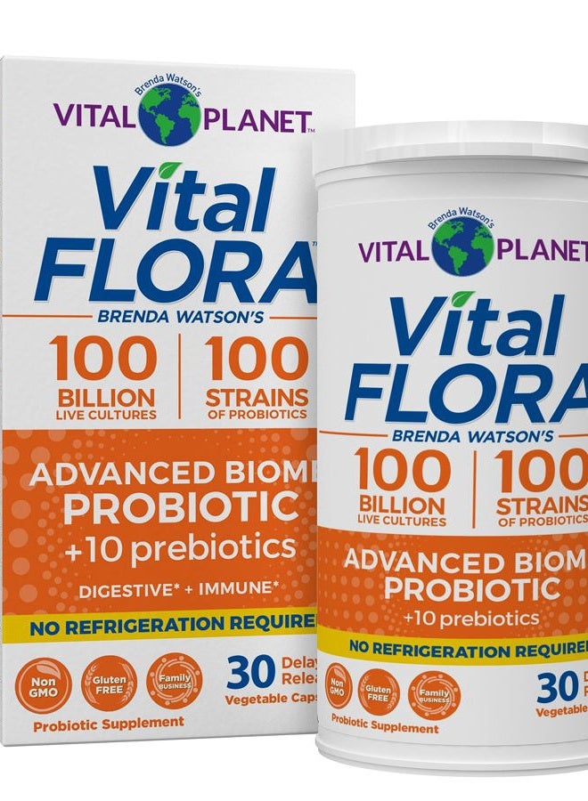 Vital Planet Vital Flora Advanced Probiotic 100 Billion CFU, 100 Diverse Strains, 10 Organic Prebiotics, Immune Support, Digestive Health Shelf Stable Probiotics for Women and Men 30 Capsules - Image 1