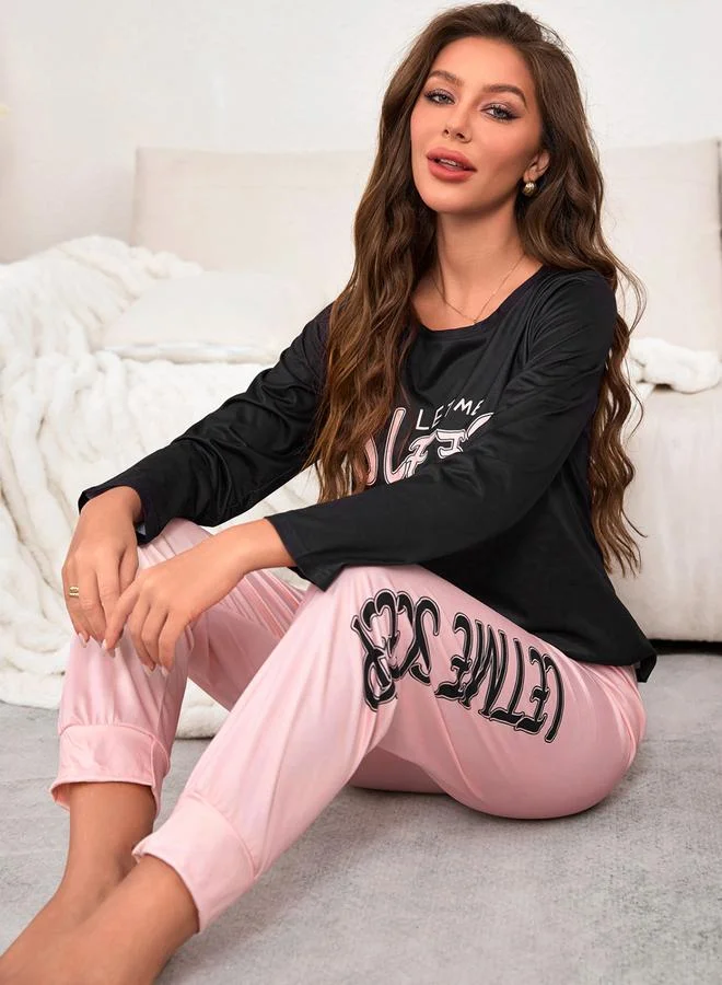 Take Two Multi Slogan Print Long Sleeve T-Shirt and Pyjama Set for Women | Best Price UAE