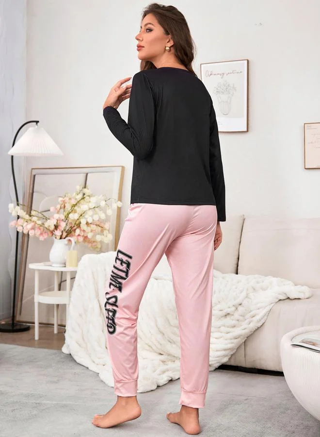 Take Two Take Two Slogan Print Long Sleeve T-Shirt and Pyjama Set