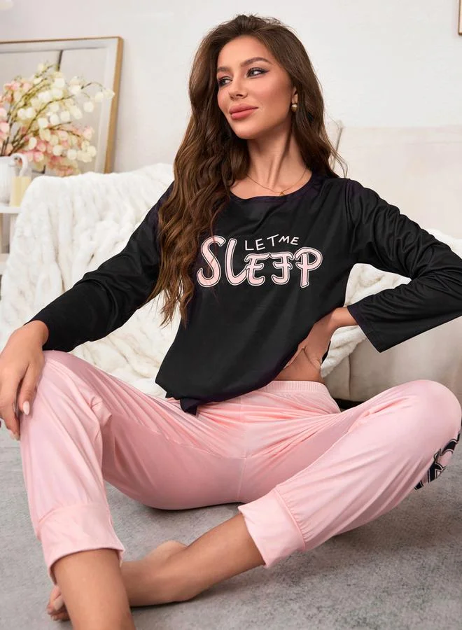 Take Two Multi Slogan Print Long Sleeve T-Shirt and Pyjama Set for Women | Best Price UAE