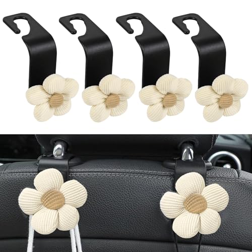 Hbxdeco 4PCS Car Seat Headrest Hook, Cute Flower Car Seat Back Hanging Hook, Auto Seat Purse Hanger Organizer for Handbag Clothes Coat Grocery Bag, Universal Interior Car Accessories (White) - Image 1