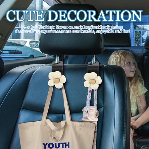 Hbxdeco 4PCS Car Seat Headrest Hook, Cute Flower Car Seat Back Hanging Hook, Auto Seat Purse Hanger Organizer for Handbag Clothes Coat Grocery Bag, Universal Interior Car Accessories (White) - Image 3